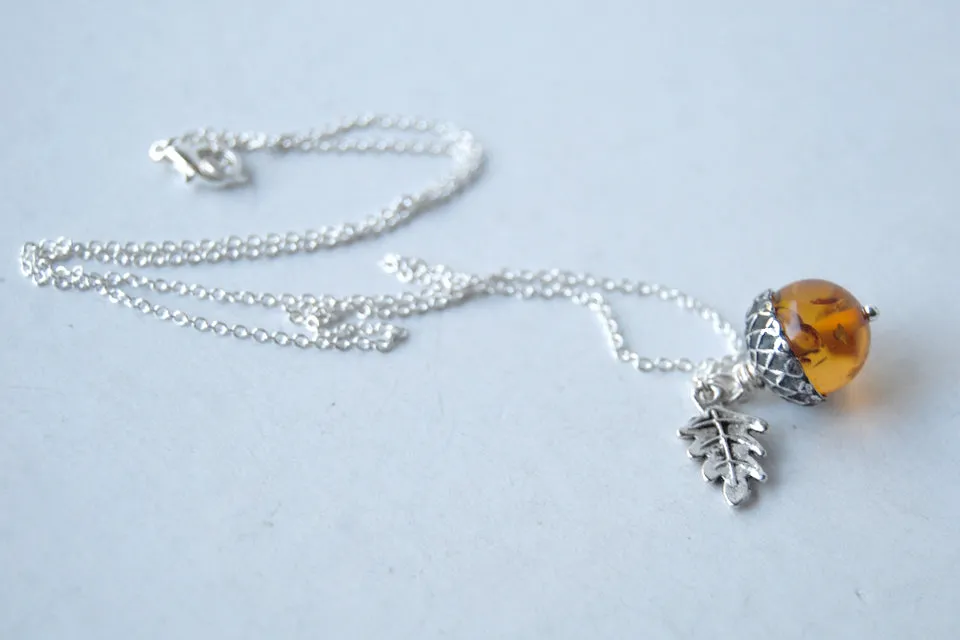 Amber and Silver Acorn Necklace | Nature Jewelry | Fall Acorn Charm Necklace