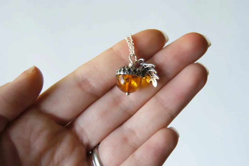 Amber and Silver Acorn Necklace | Nature Jewelry | Fall Acorn Charm Necklace