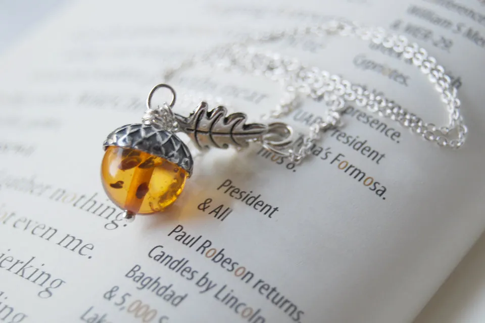 Amber and Silver Acorn Necklace | Nature Jewelry | Fall Acorn Charm Necklace