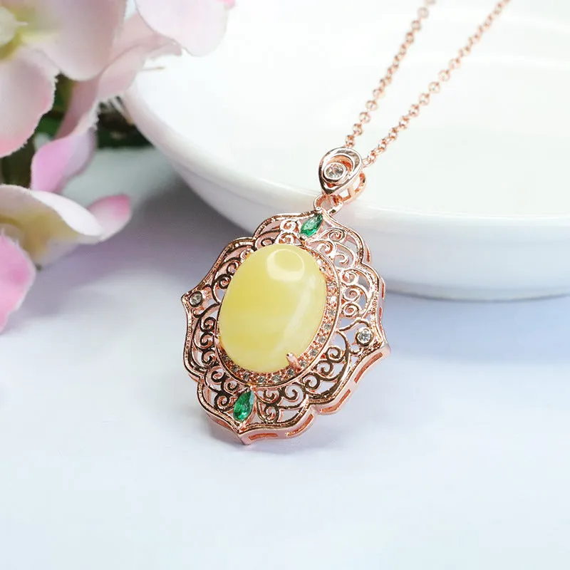 Amber Beeswax Pendant Necklace with Rose Gold Accents and Ethnic Influence