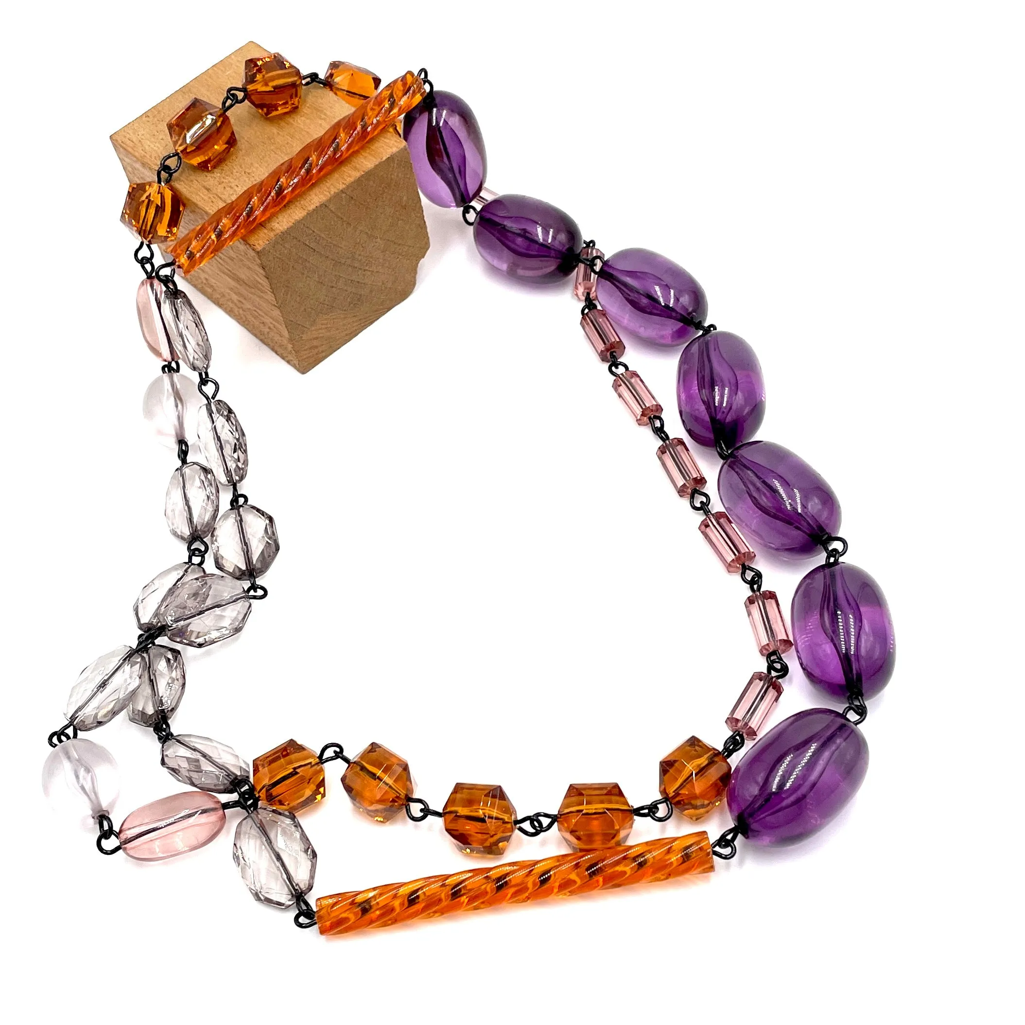 Amethyst & Amber Beaded Rosary Chain Rope Necklace