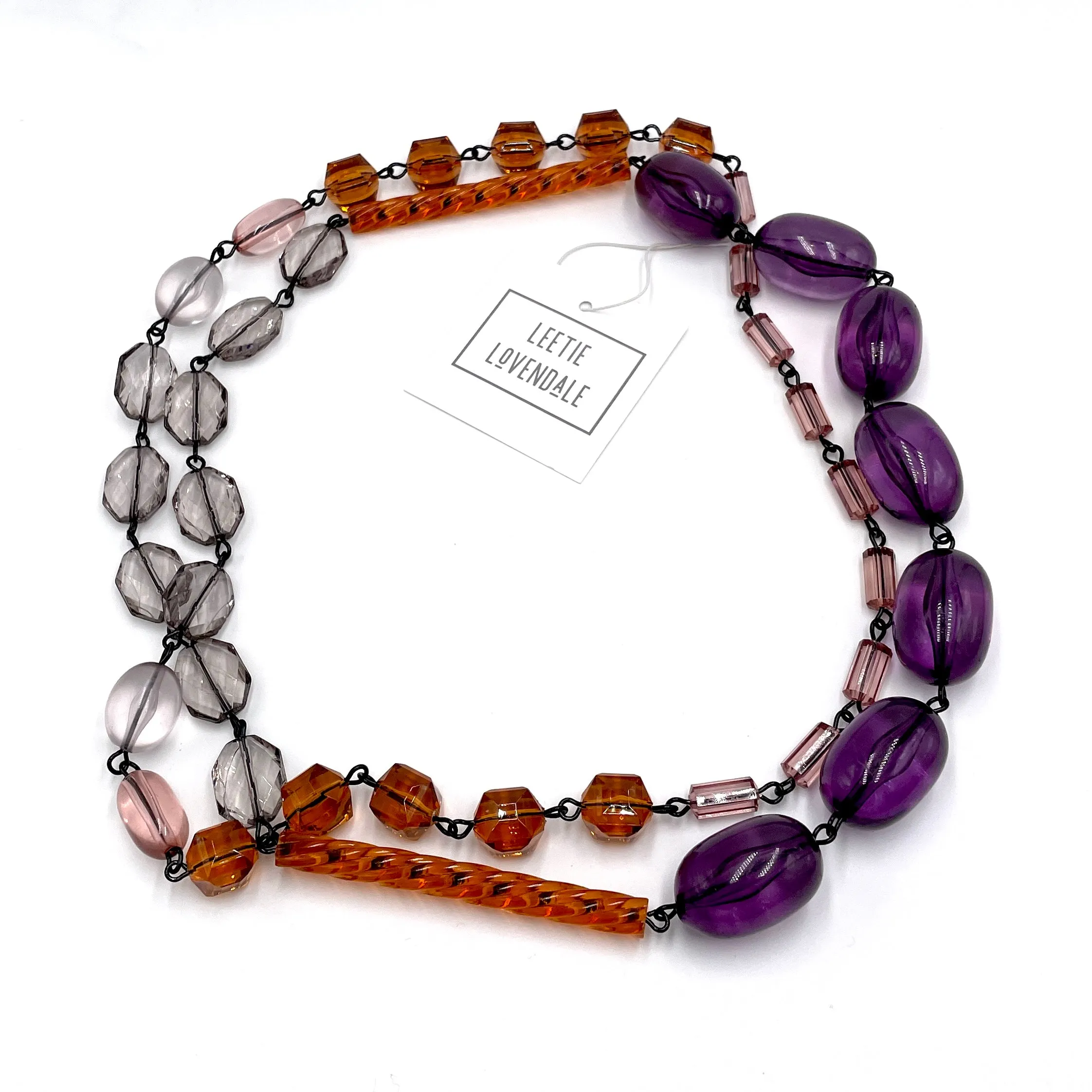 Amethyst & Amber Beaded Rosary Chain Rope Necklace