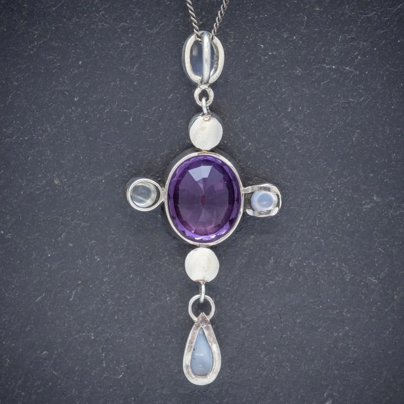 Antique Edwardian Moonstone Amethyst Pendant Necklace Silver Circa 1910