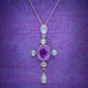 Antique Edwardian Moonstone Amethyst Pendant Necklace Silver Circa 1910