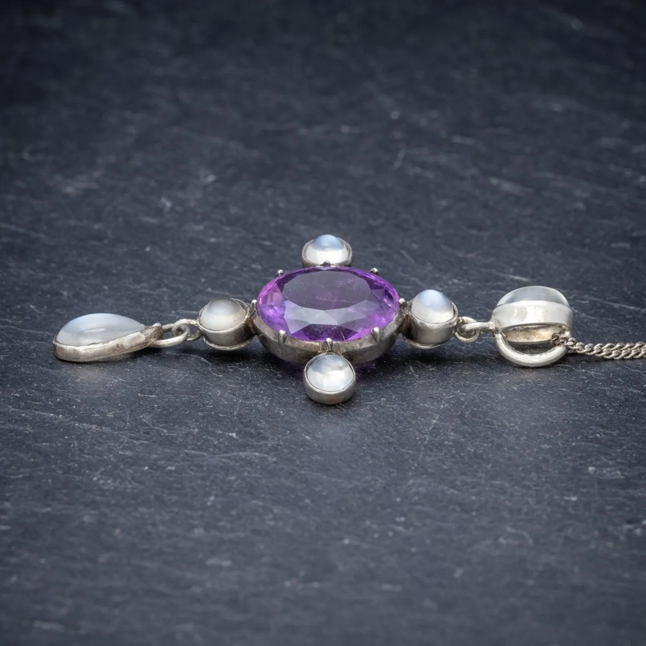 Antique Edwardian Moonstone Amethyst Pendant Necklace Silver Circa 1910