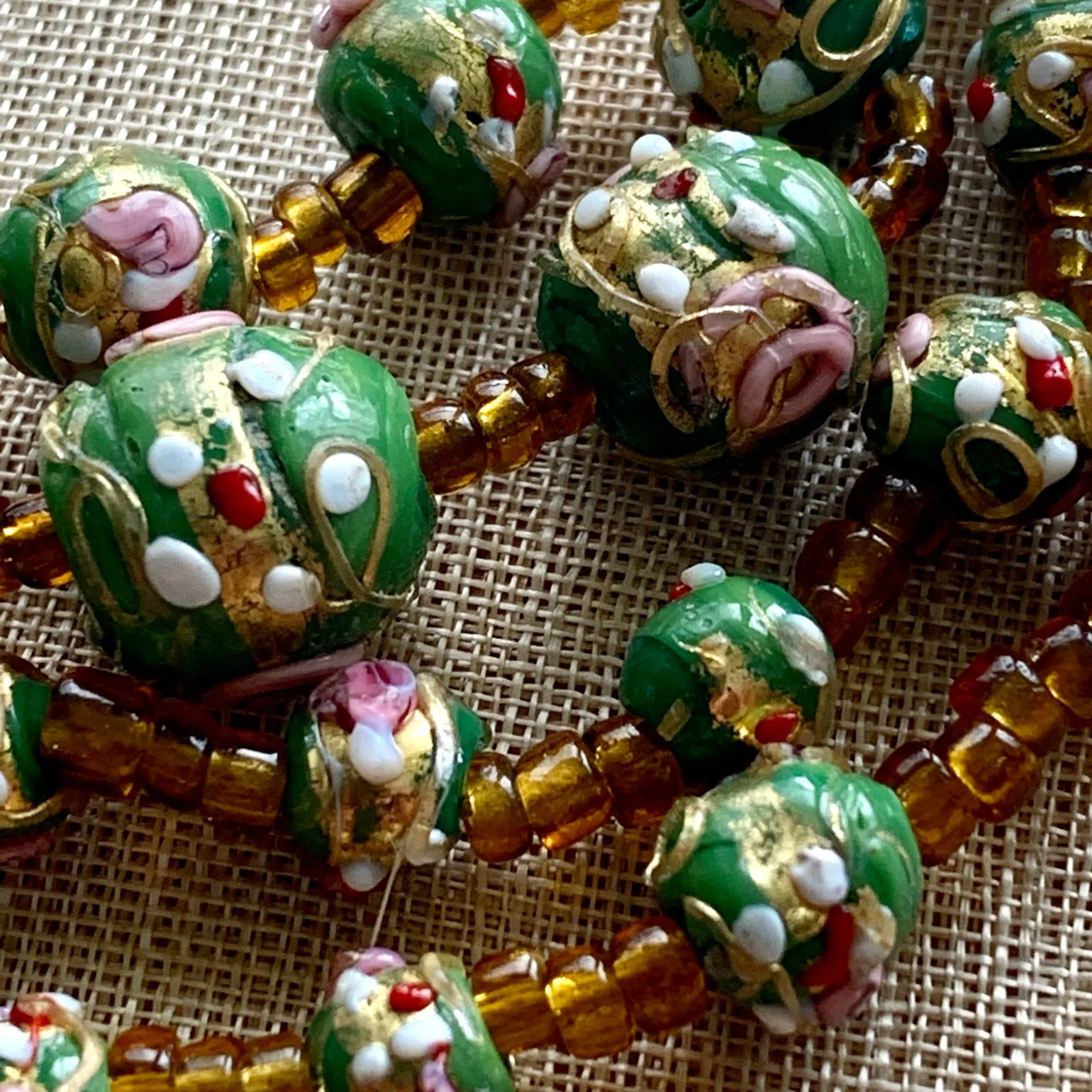 Antique Green Wedding Cake Beads, Strand