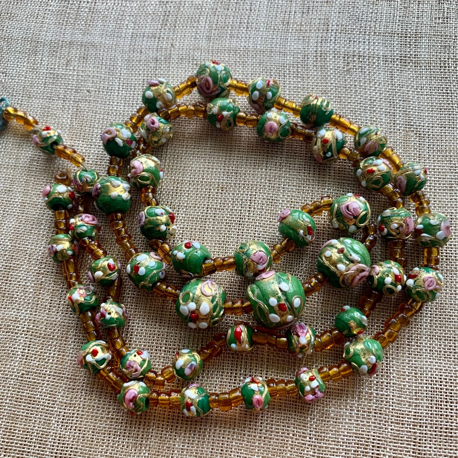 Antique Green Wedding Cake Beads, Strand