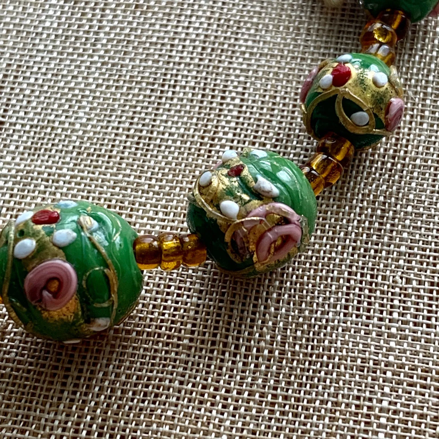 Antique Green Wedding Cake Beads, Strand