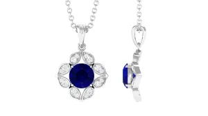 Antique Style Natural Blue Sapphire Bridal Pendant with Diamond