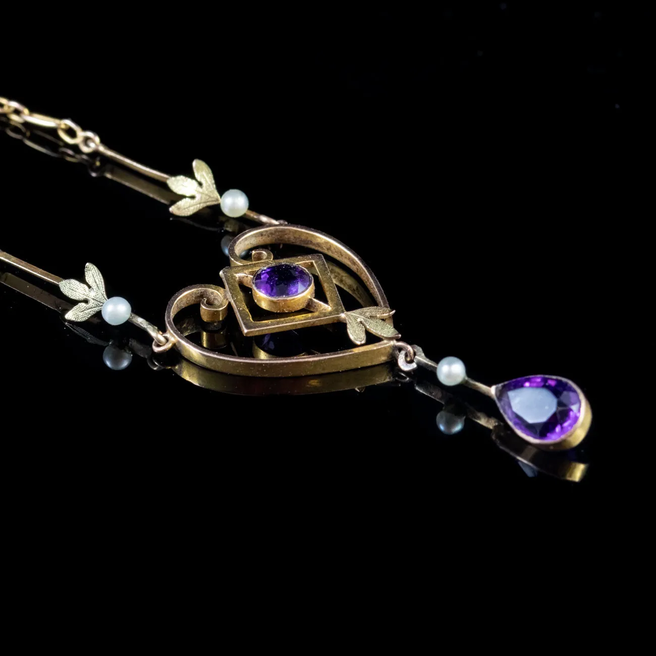 Antique Victorian Amethyst Pearl Pendant Necklace 9Ct Gold Circa 1900