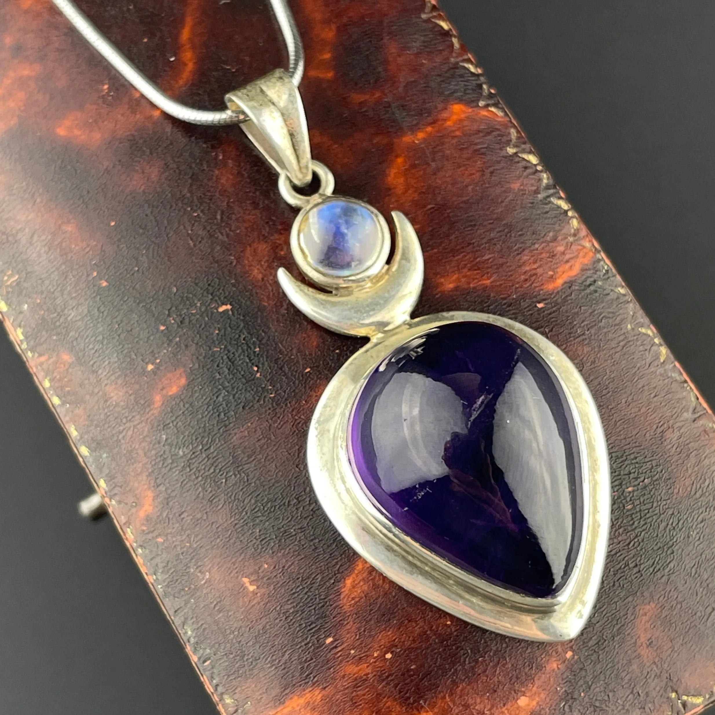 Arts and Crafts Style Amethyst Moonstone Silver Pendant Necklace