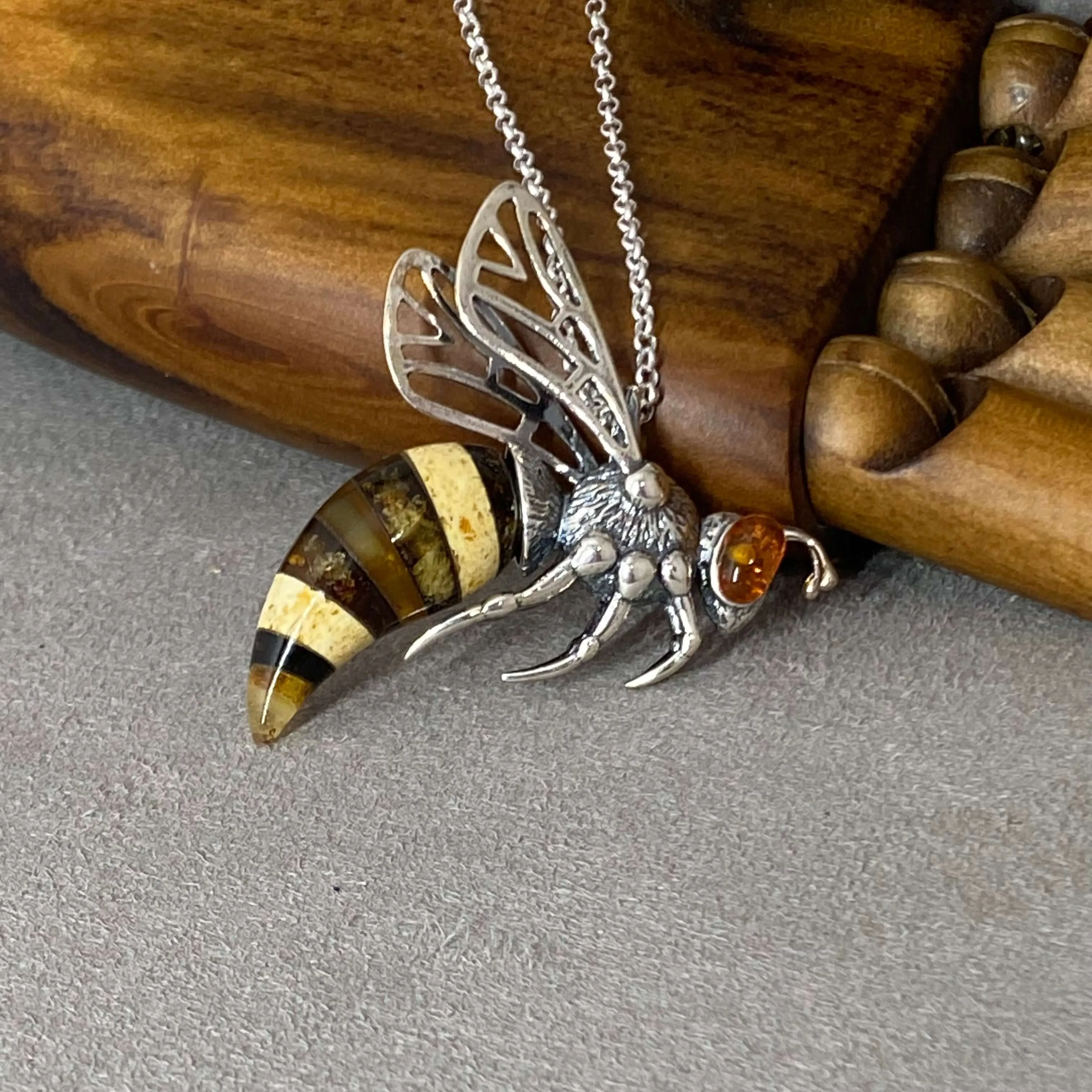 Baltic Amber Extra Large Bee Sterling Silver Pendant