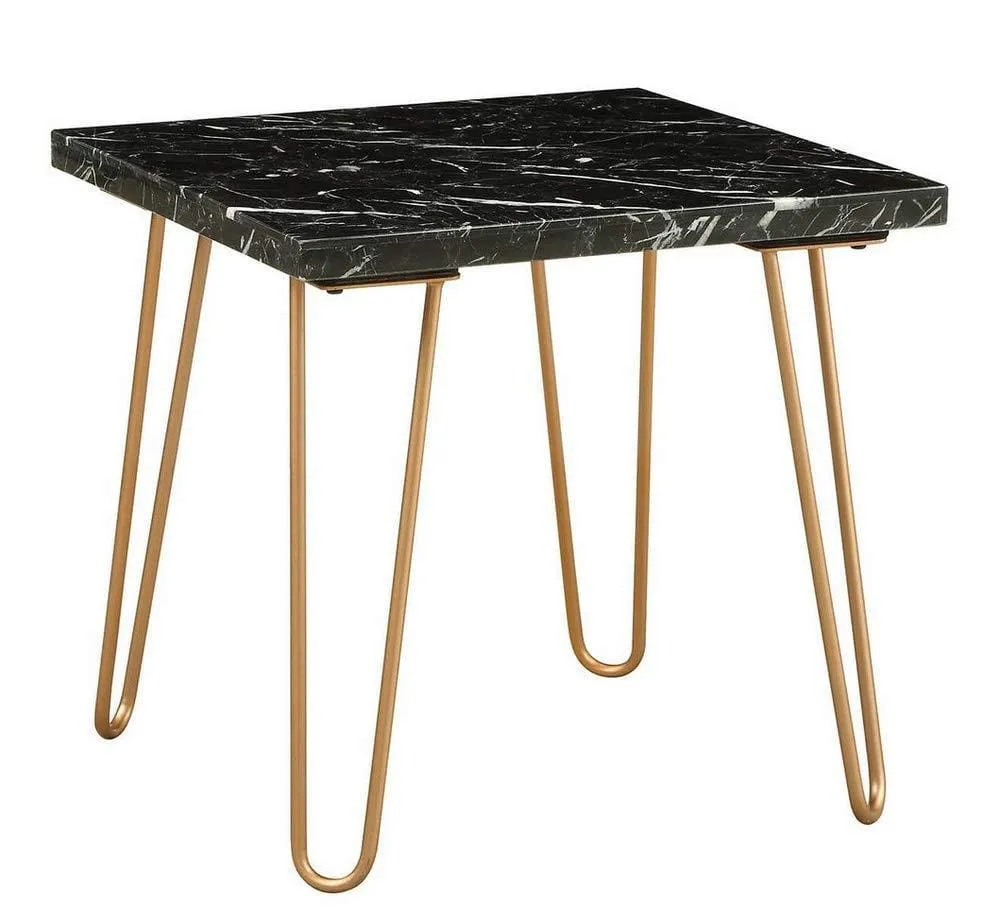 Black Marble Top End Table With Metal Hairpin Style Legs In Gold