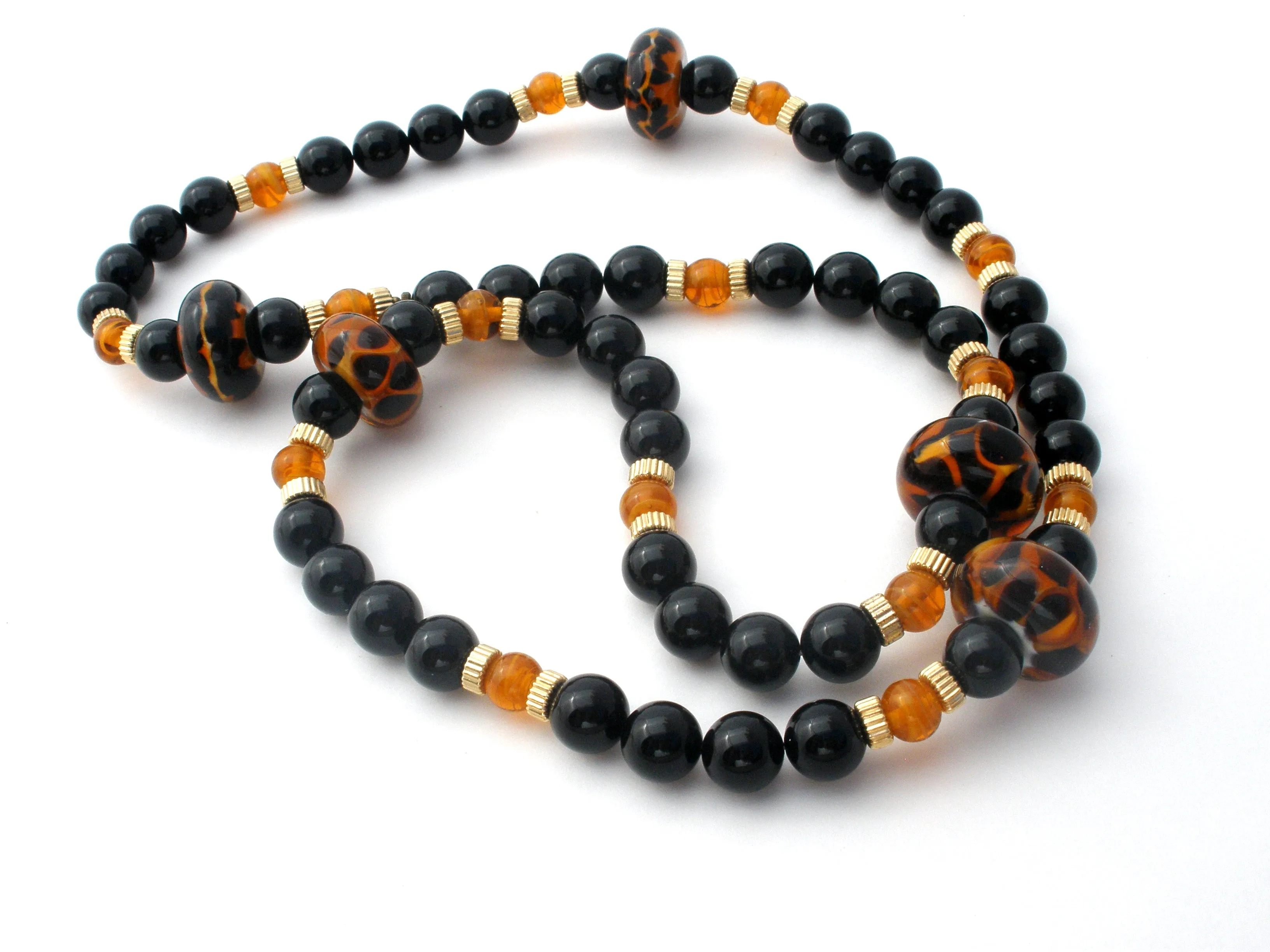 Black Onyx Bead Necklace with Amber Art Glass