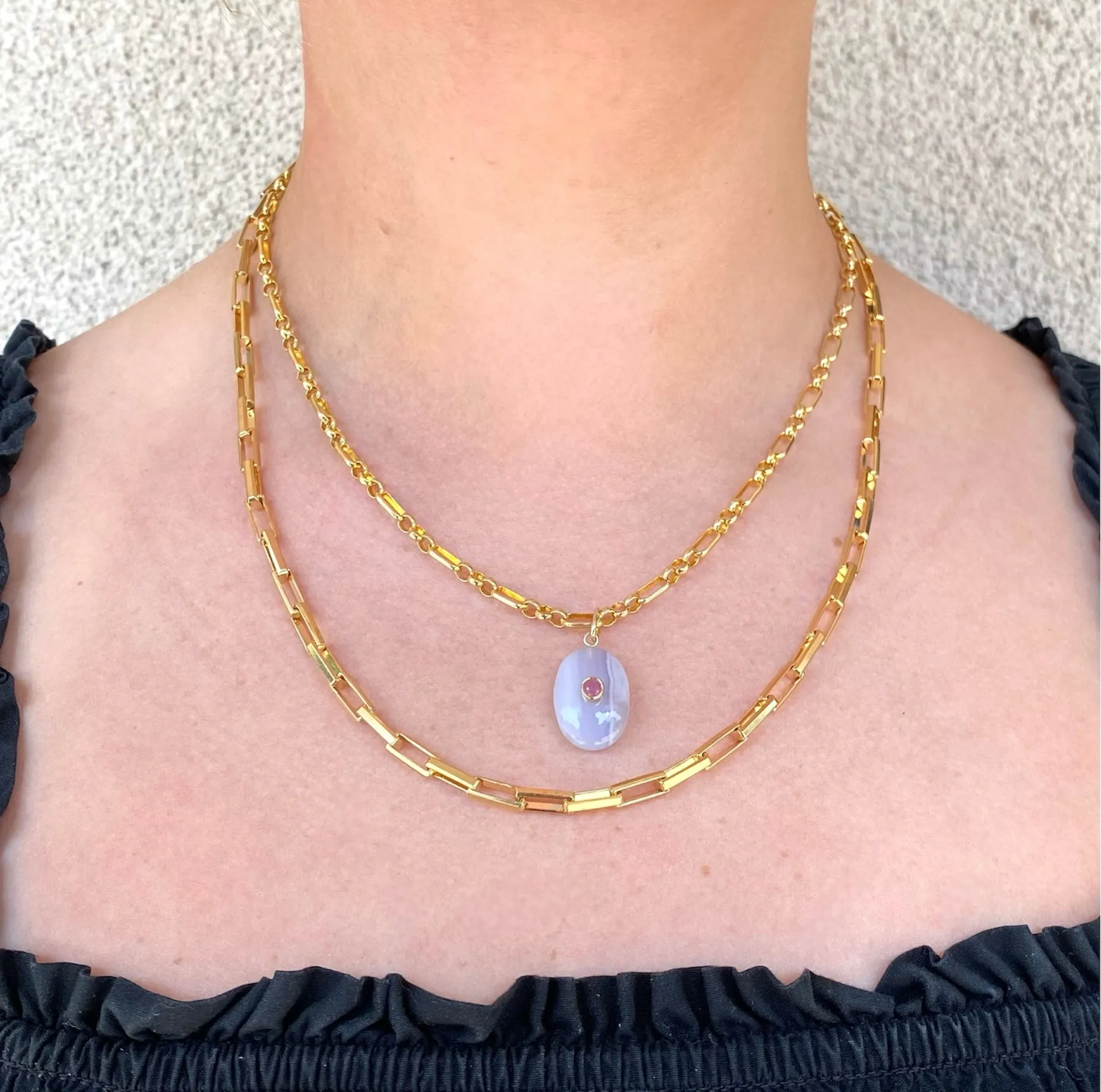 Blue Lace Agate With Pink Sapphire Oval Stone Necklace