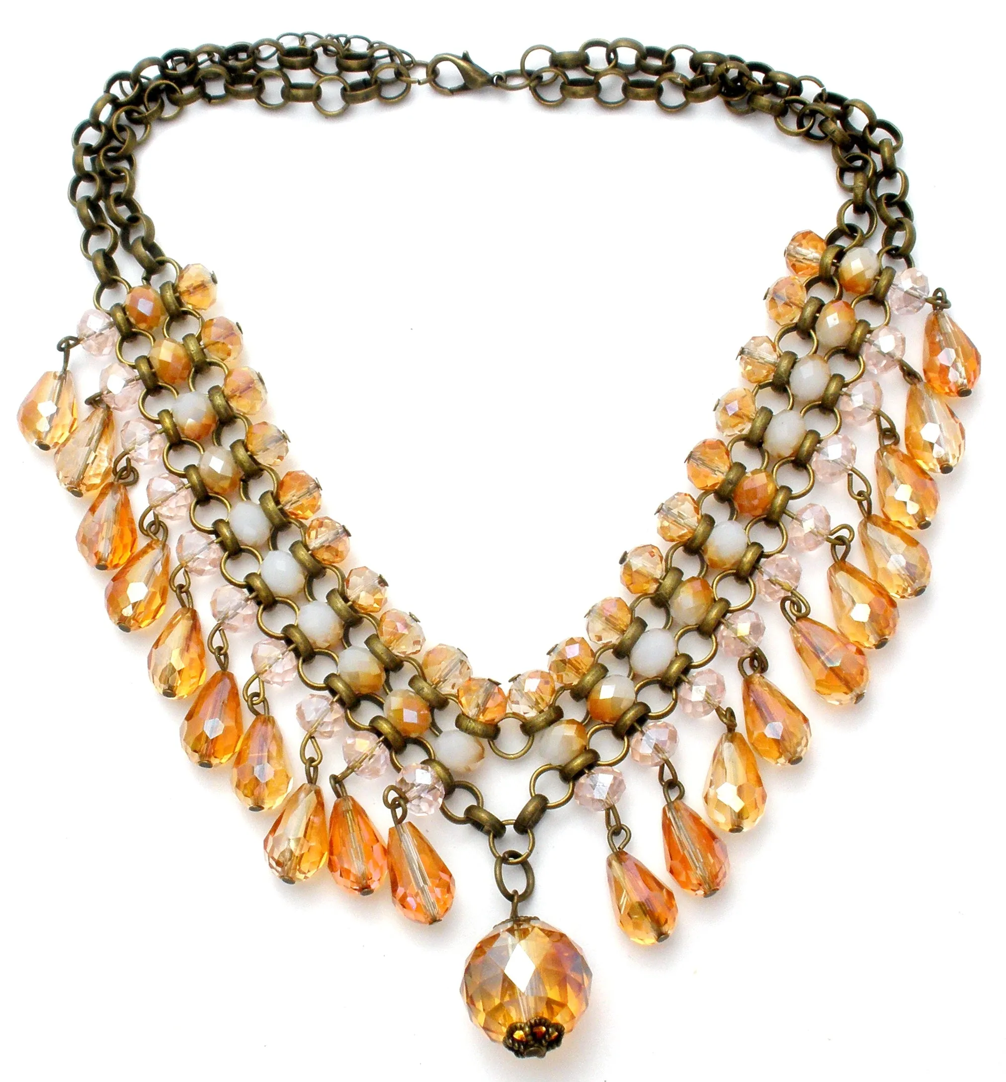 Brass Runway Bib Necklace with Crystals Beads