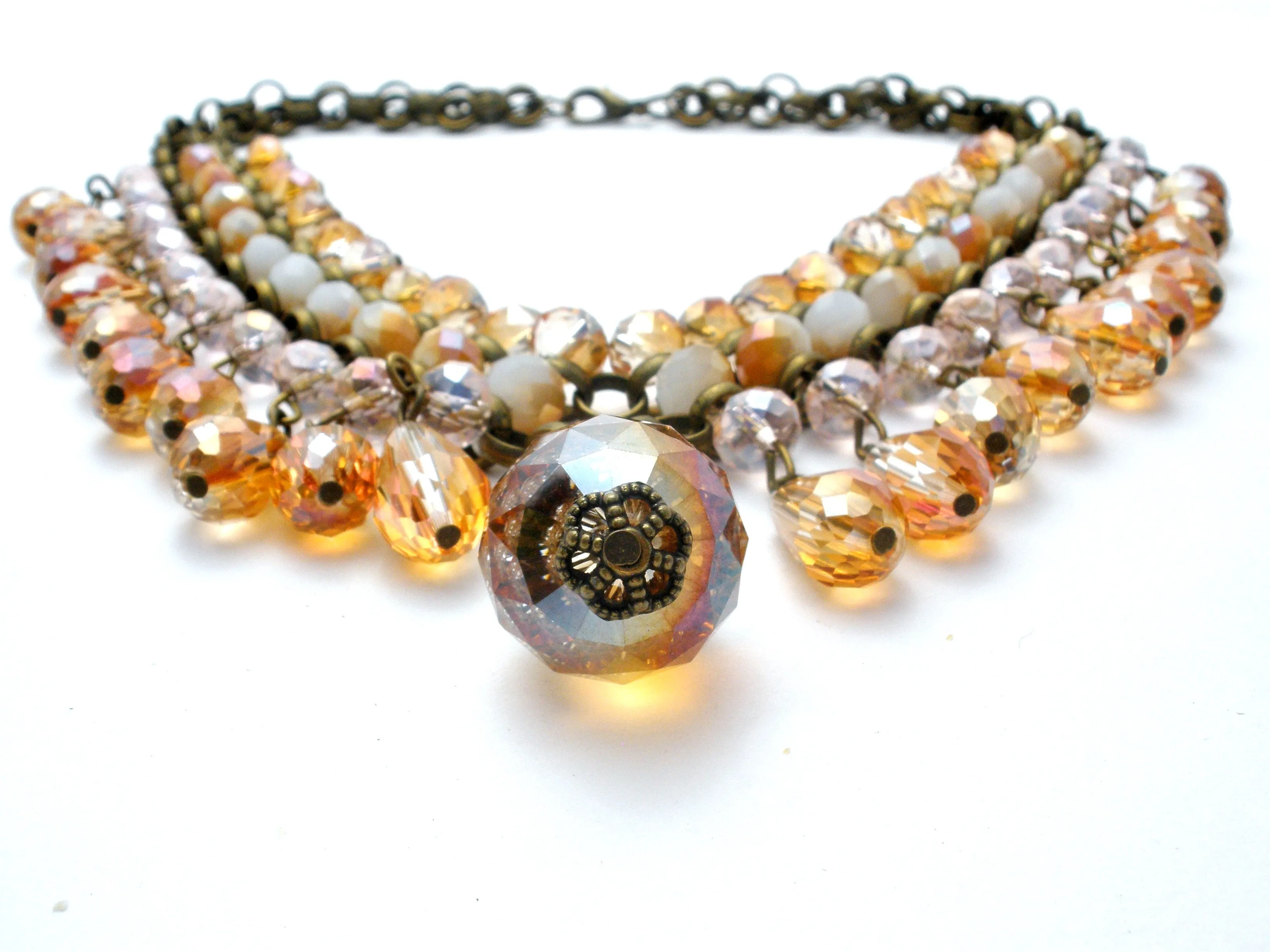 Brass Runway Bib Necklace with Crystals Beads