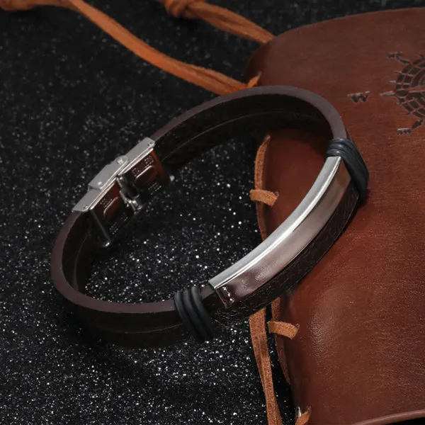 Brown Punk Titanium Leather Bracelet (Circumference 21cm) 棕色朋克風鈦鋼皮手鍊 (鍊長 21cm) KJBR16104