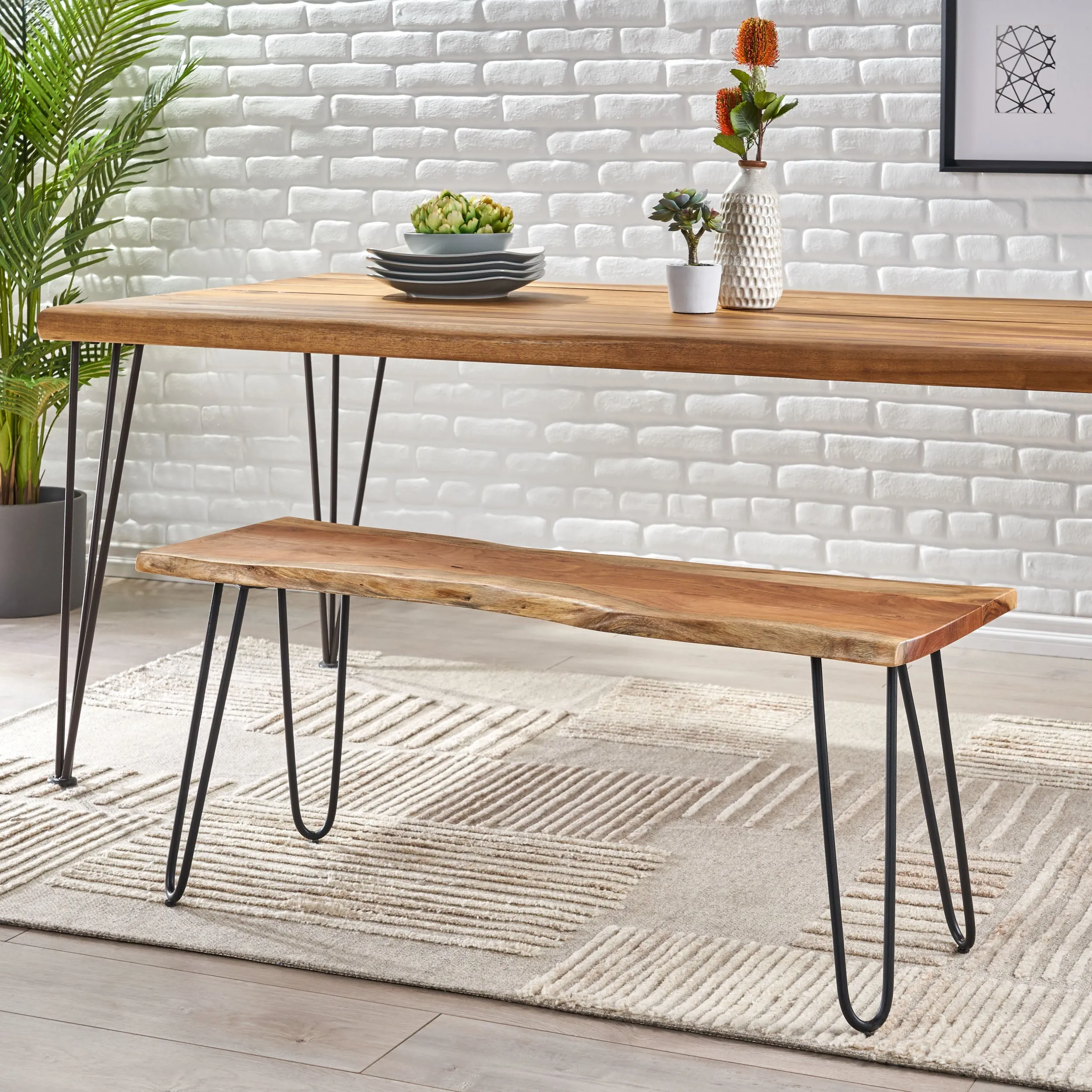 Bullard Modern Industrial Handmade Acacia Wood Dining Bench with Hairpin Legs, Natural and Black