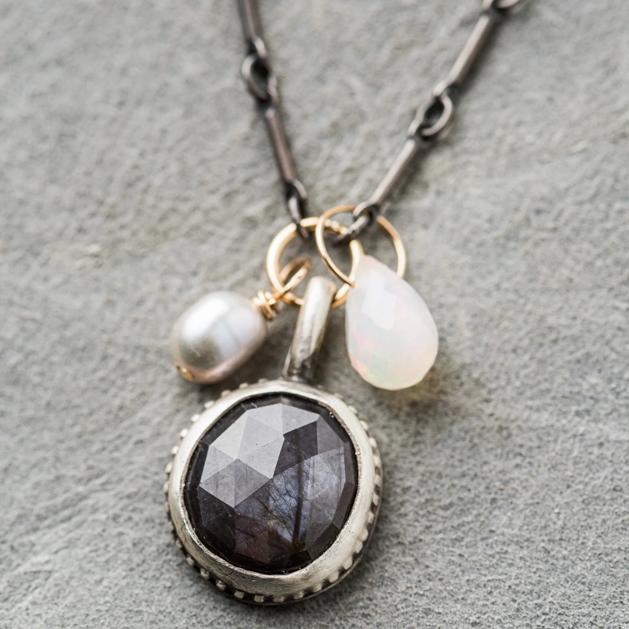 Chocolate Sapphire Necklace with Moonstone and Pearl