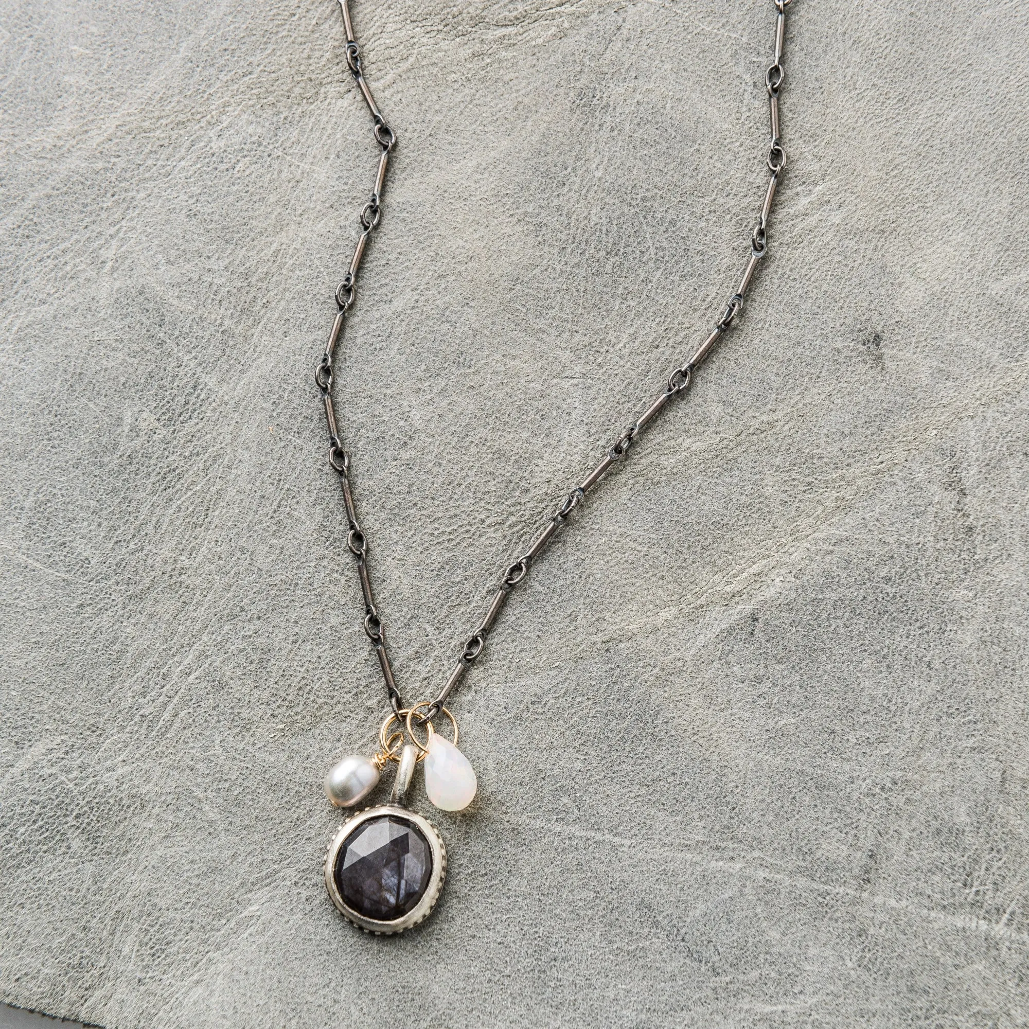 Chocolate Sapphire Necklace with Moonstone and Pearl