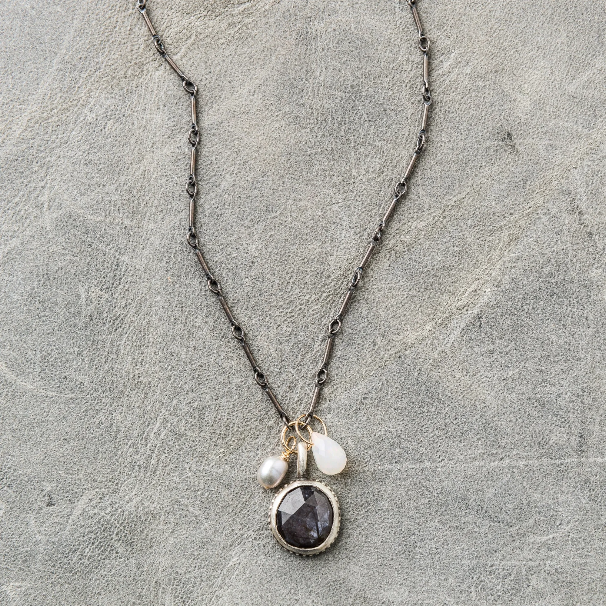 Chocolate Sapphire Necklace with Moonstone and Pearl