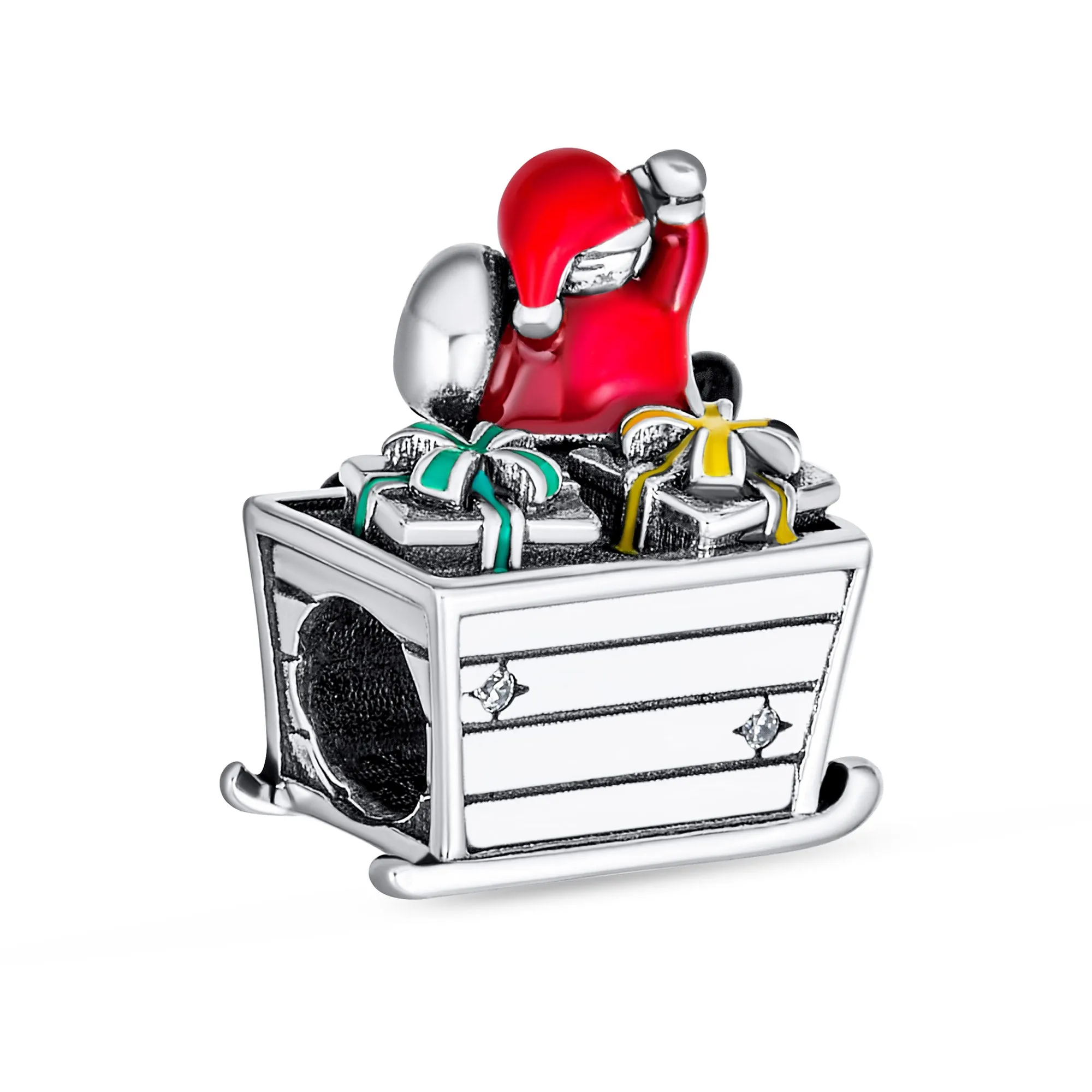 Christmas Tree Snowman, Red Hat Santa Claus & Sled Charm Bead Enamel .925 Silver