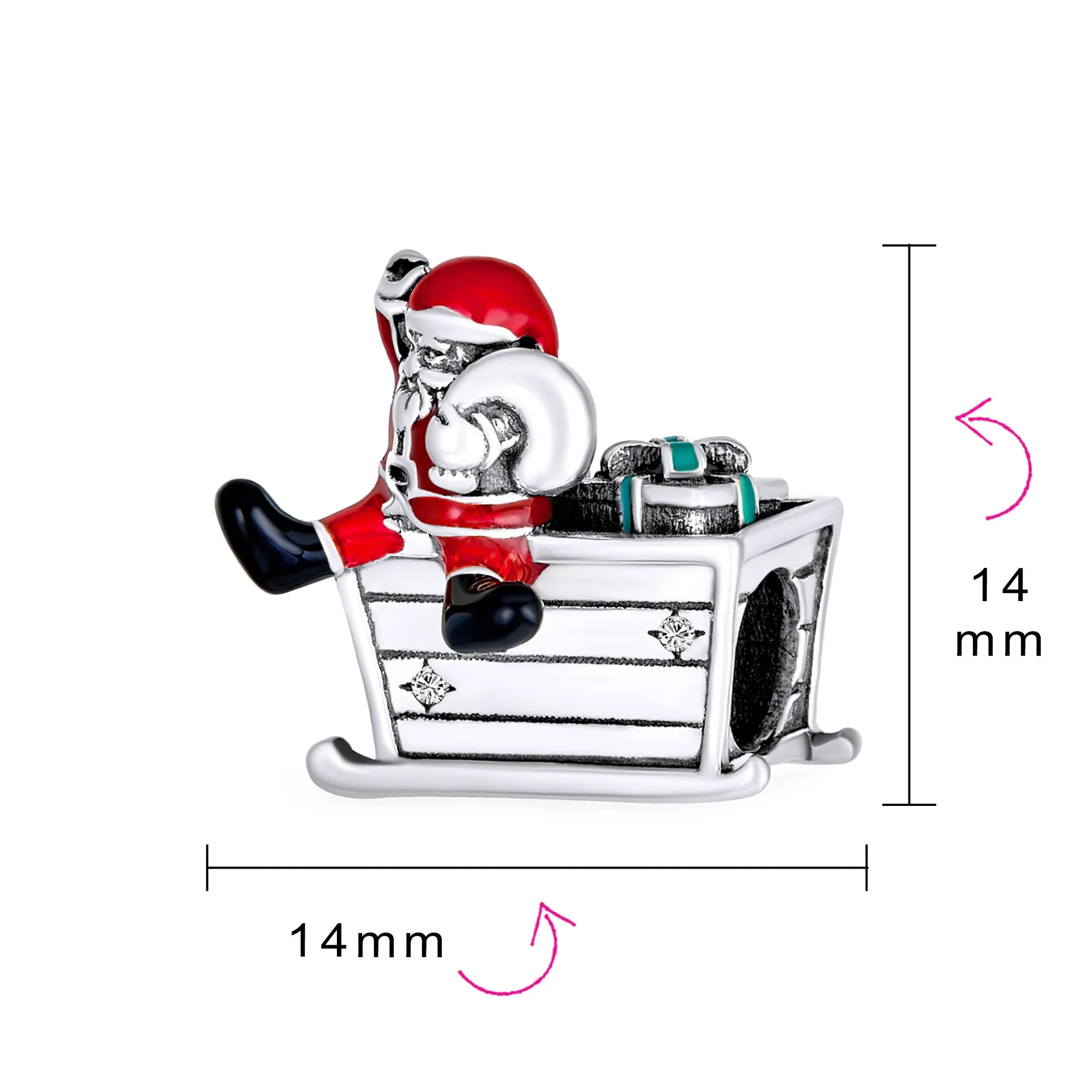 Christmas Tree Snowman, Red Hat Santa Claus & Sled Charm Bead Enamel .925 Silver