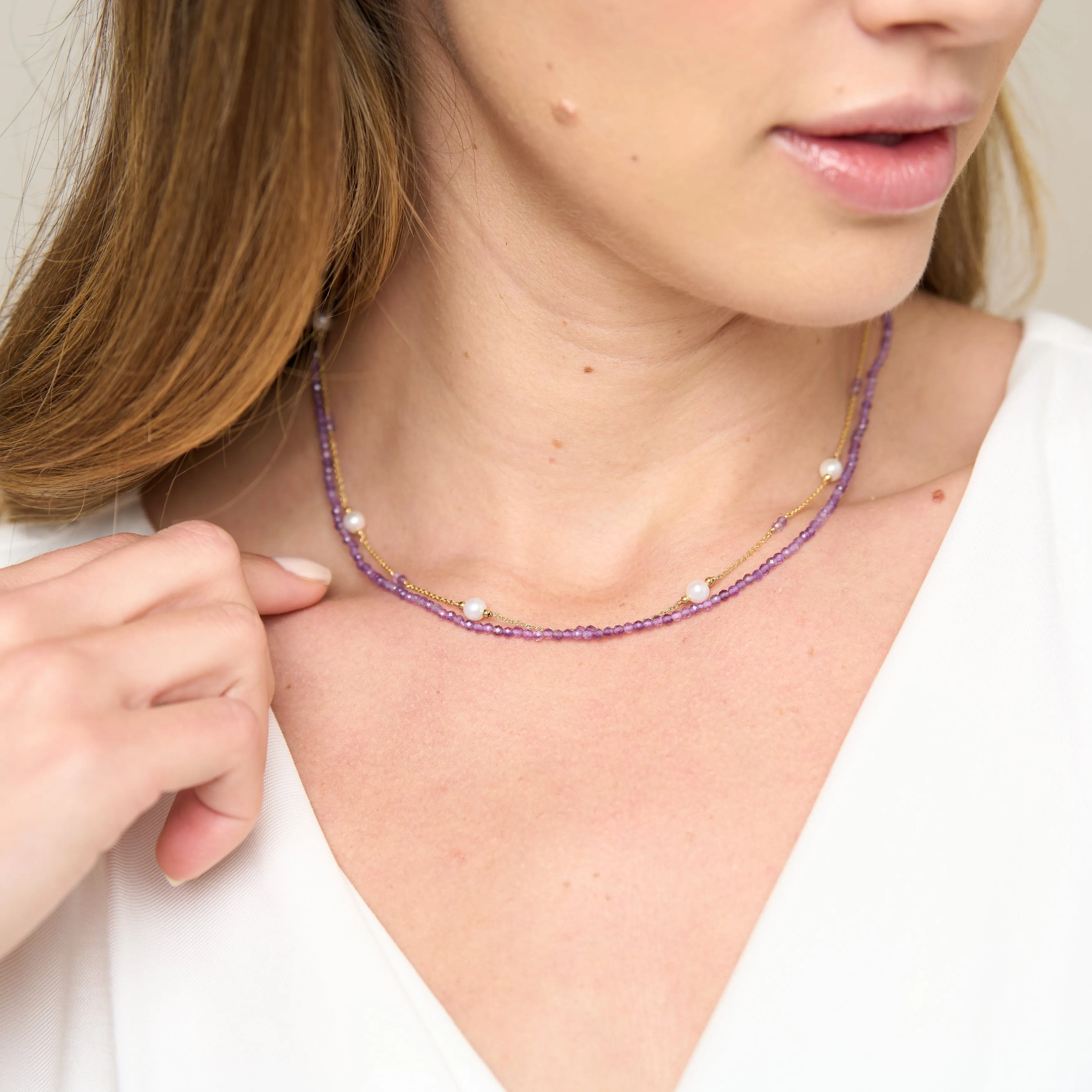 Clara fine double chain set with faceted amethyst & cultured freshwater pearls