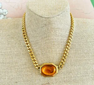 Classic signed Trifari 1970s faux amber style stone gold necklace