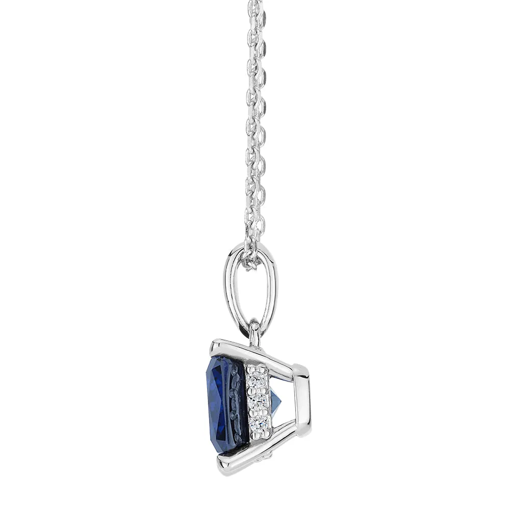 Cushion and Round Brilliant solitaire necklace with sapphire and diamond simulants in sterling silver