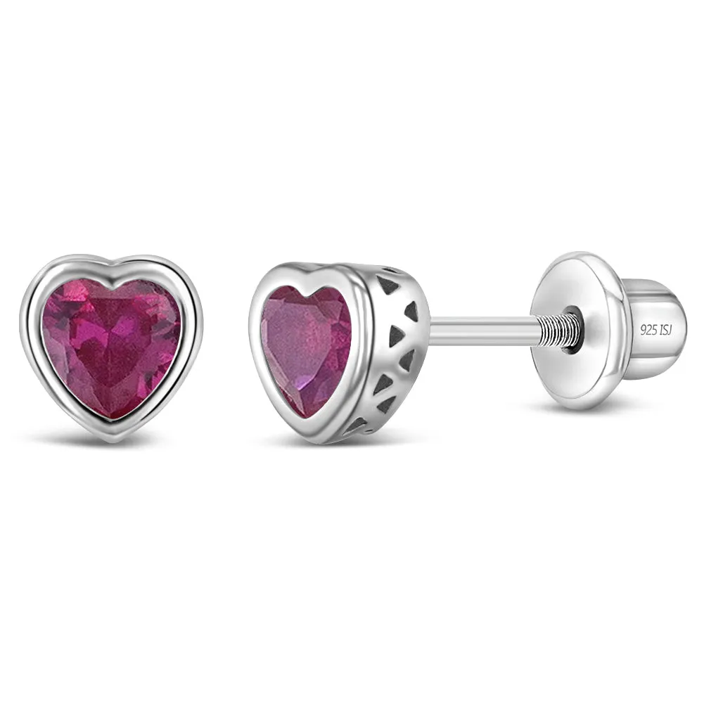 CZ Birthstone Heart Baby / Toddler / Kids Earrings Screw Back Basket Setting - Sterling Silver