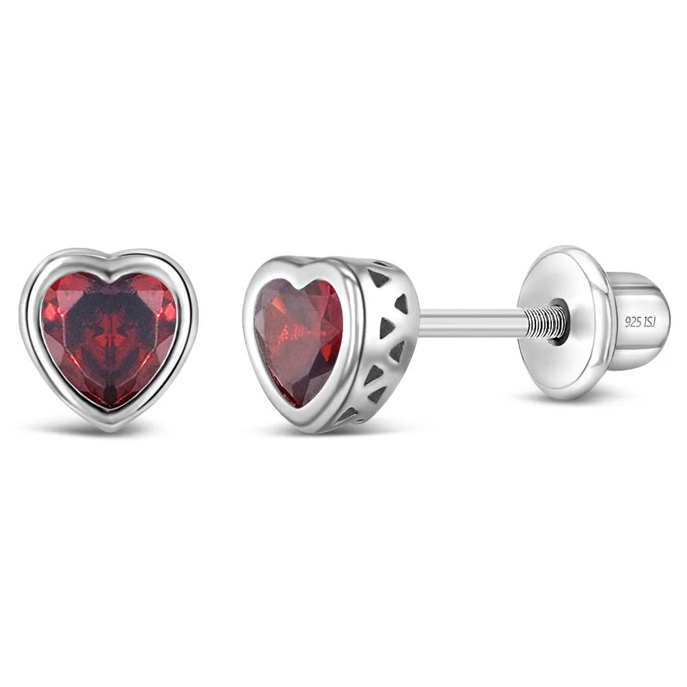 CZ Birthstone Heart Baby / Toddler / Kids Earrings Screw Back Basket Setting - Sterling Silver