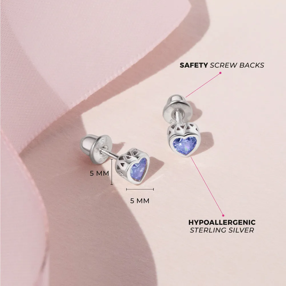 CZ Birthstone Heart Baby / Toddler / Kids Earrings Screw Back Basket Setting - Sterling Silver