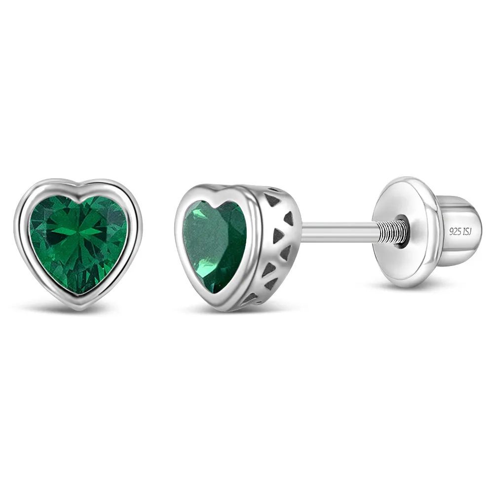 CZ Birthstone Heart Baby / Toddler / Kids Earrings Screw Back Basket Setting - Sterling Silver