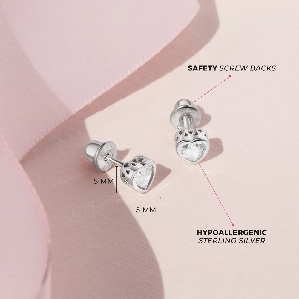 CZ Birthstone Heart Baby / Toddler / Kids Earrings Screw Back Basket Setting - Sterling Silver