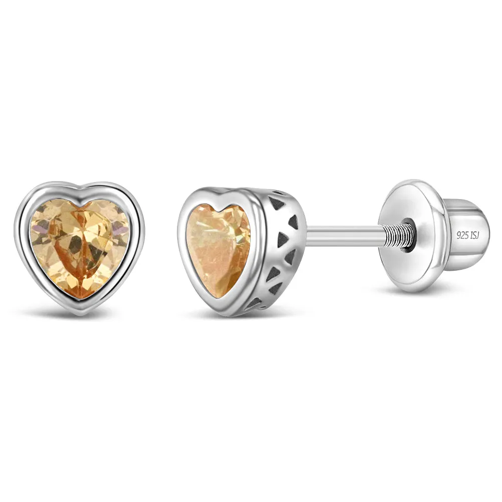 CZ Birthstone Heart Baby / Toddler / Kids Earrings Screw Back Basket Setting - Sterling Silver