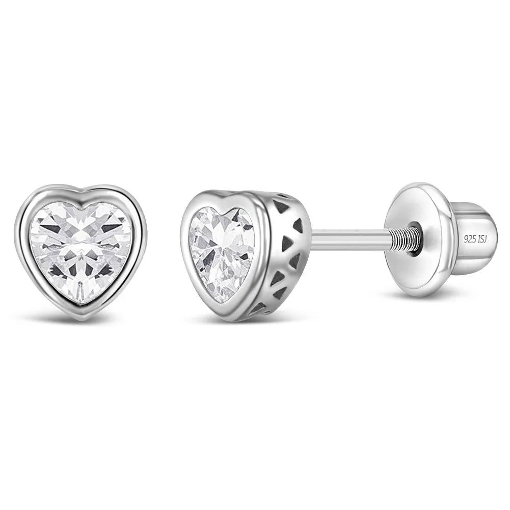 CZ Birthstone Heart Baby / Toddler / Kids Earrings Screw Back Basket Setting - Sterling Silver