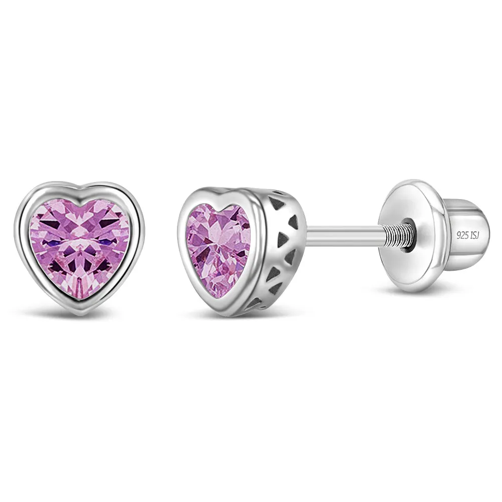 CZ Birthstone Heart Baby / Toddler / Kids Earrings Screw Back Basket Setting - Sterling Silver