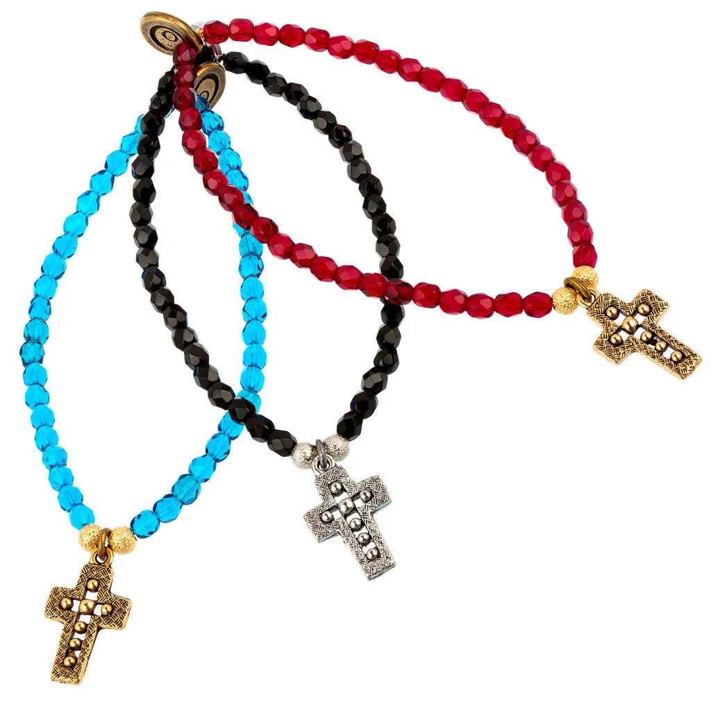 Deco Cross Charm Faceted Glass Bead Bracelet