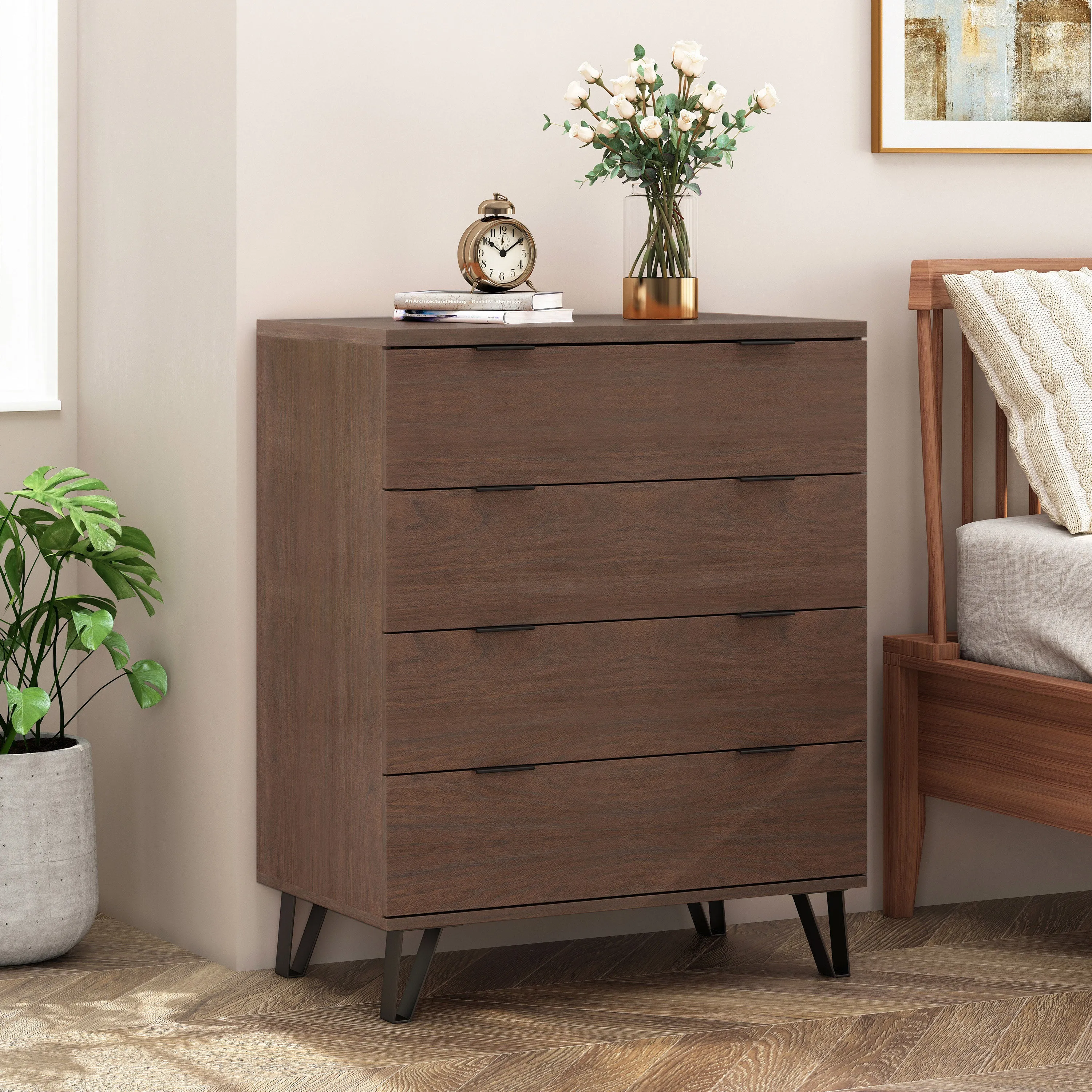 Demijen Modern Industrial 4 Drawer Wide Dresser, Walnut and Matte Black