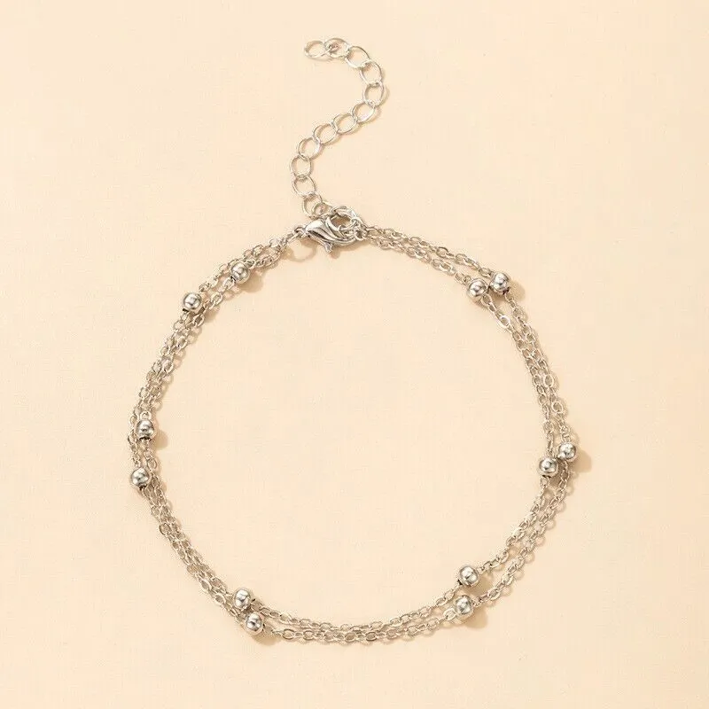 Double Layer Silver Anklet with Beads