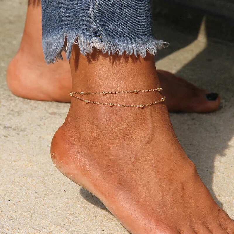 Double Layer Silver Anklet with Beads