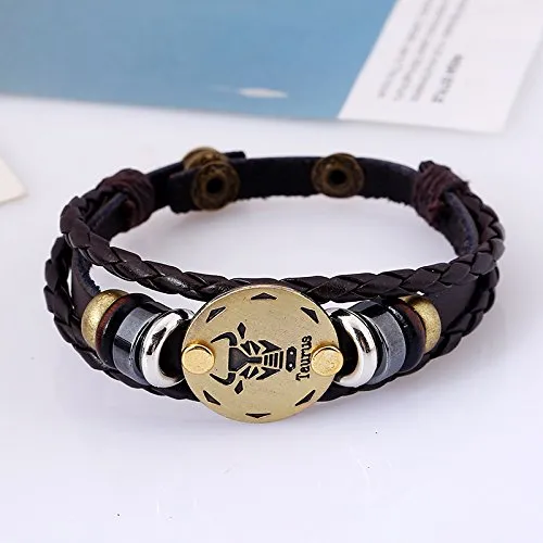 Electomania Zodiac Sign Constellation Zodiac Star Sun Sign Handmade Black Leather Bracelet For Unisex