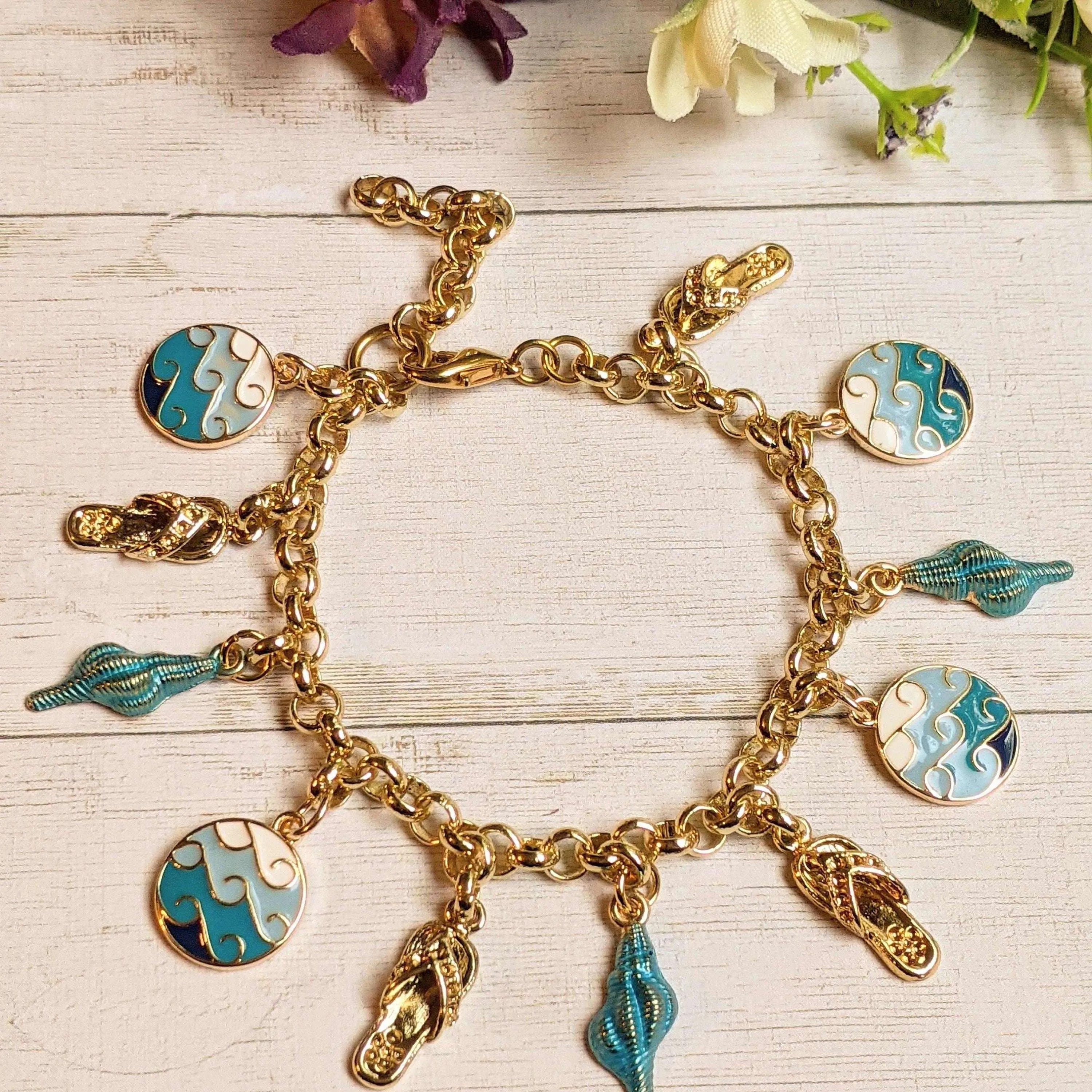 Enamel Seashell, Wave, Flip flop Charm Bracelet