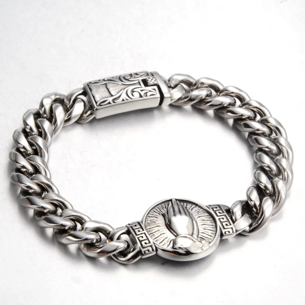 European Hip Hop Personality Fashion Retro Titanium Steel Prayer Cuban Bracelet