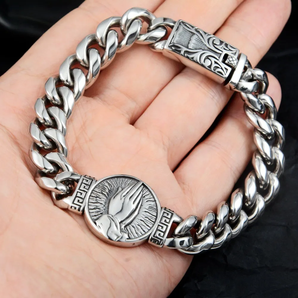 European Hip Hop Personality Fashion Retro Titanium Steel Prayer Cuban Bracelet