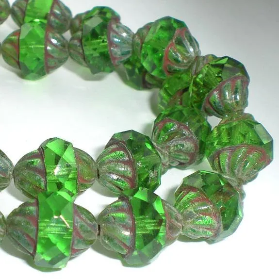 Faceted Peridot Green Turbine Bead, Fire Polished Picasso Czech Glass Beads, Green Bicone Beads 11x10mm 10 pc T-049