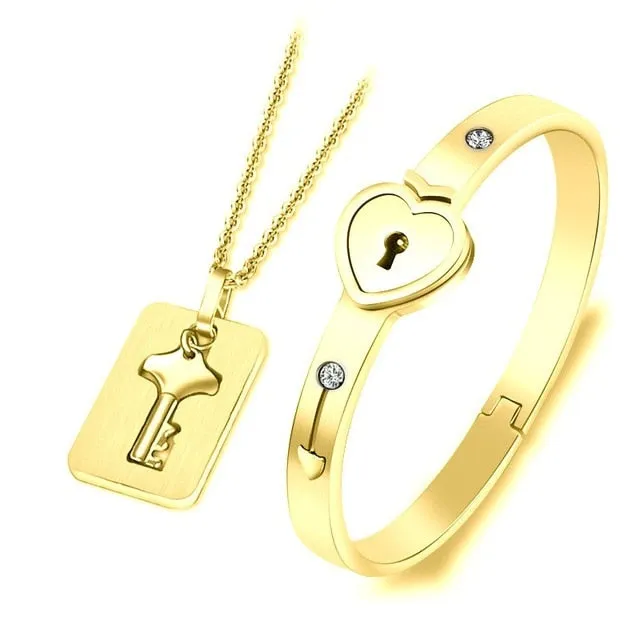 Fashion Concentric Lock Key Titanium Steel Stainless Steel Jewelry Bracelet Necklace Couple Sets