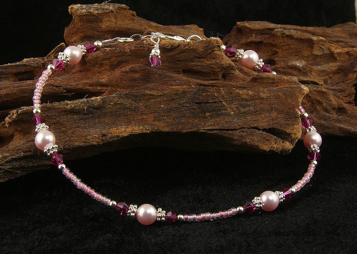 Fuchsia Pink Rose Crystal Pearl Anklet